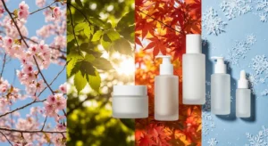 사계절 피부관리 루틴을 상징하는 계절 오브제와 스킨케어 제품