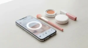 SNS 시대 한국 미인상 트렌드를 상징하는 스마트폰과 메이크업 도구 이미지