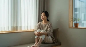 창가에서 햇살을 받으며 차분한 시간을 보내는 은은한 분위기의 인물 사진