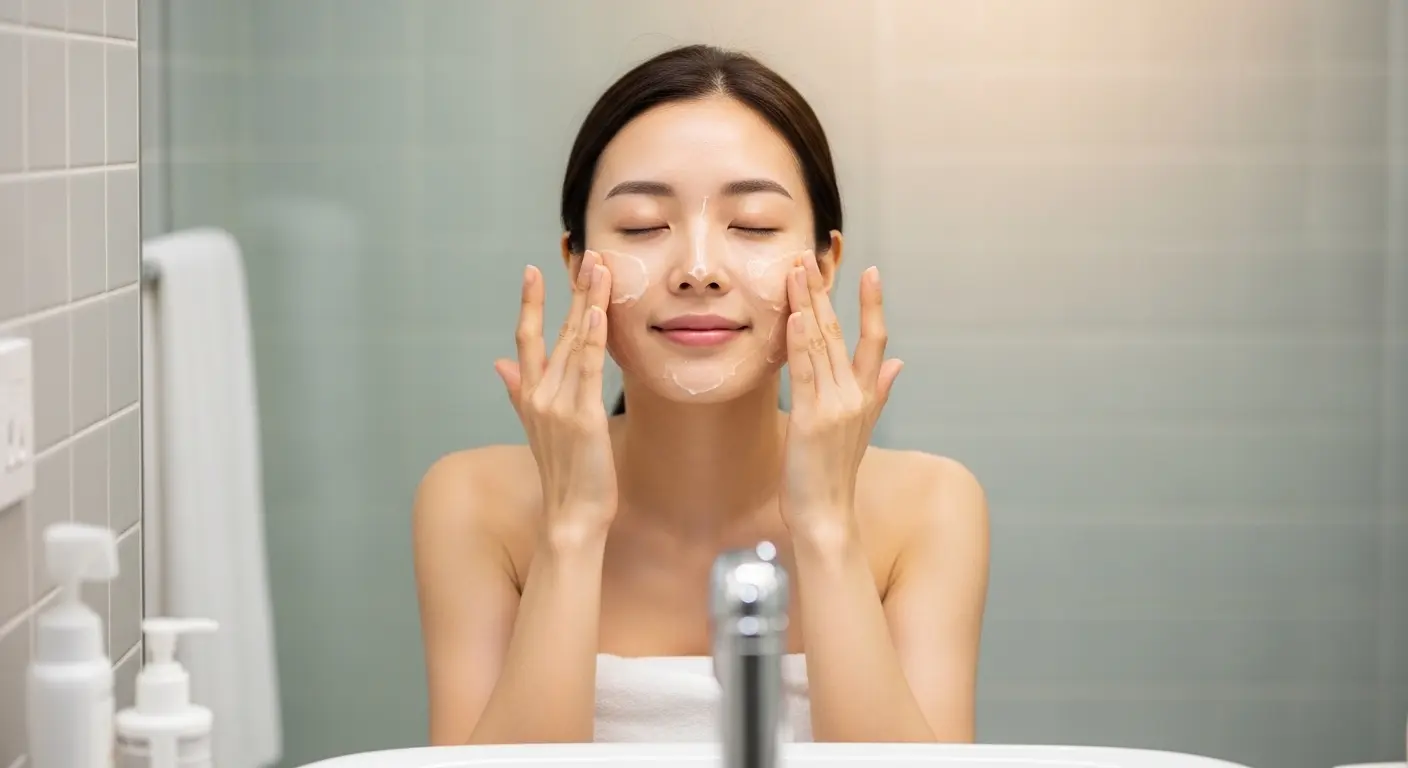 한국 여성이 욕실에서 클렌징 밤으로 세안하는 스킨케어 루틴 장면
