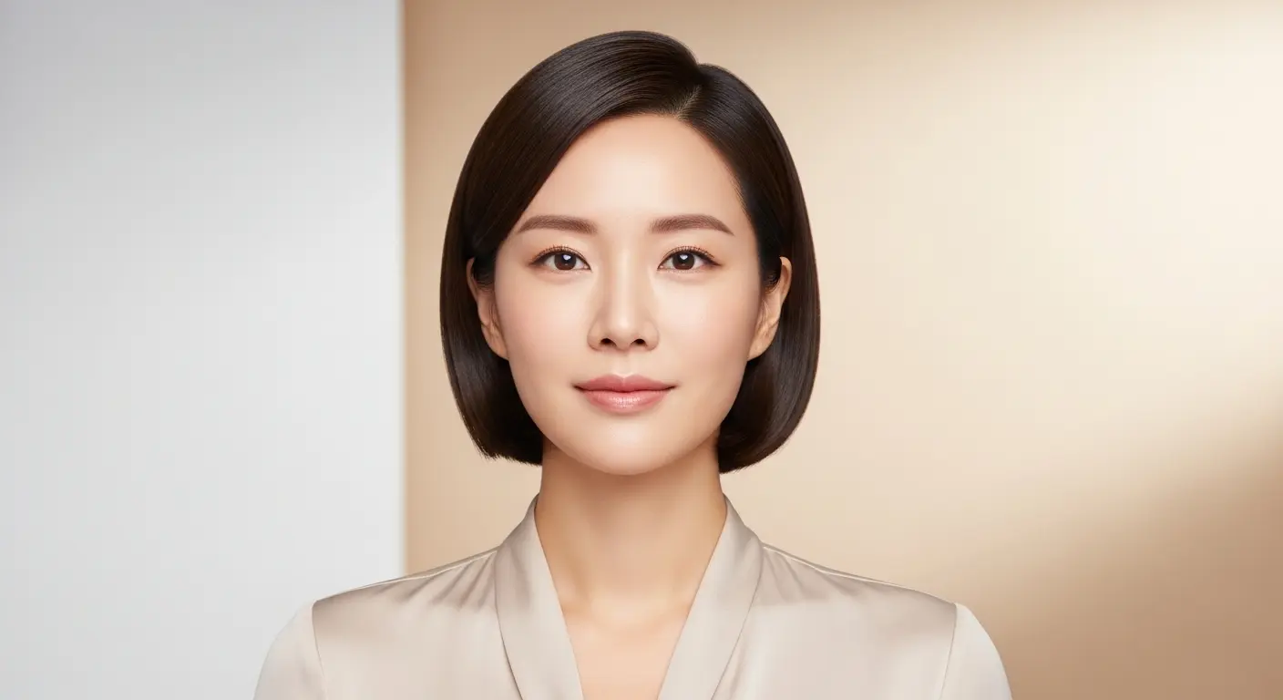 맑고 투명한 피부와 절제된 색조 메이크업으로 단정하고 차분한 인상을 주는 한국 여성 프로필 사진.