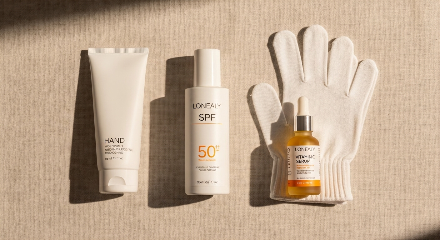 손 주름 예방 관리 루틴 핸드크림, 선크림, 비타민C 세럼, 면장갑 홈케어 제품 구성