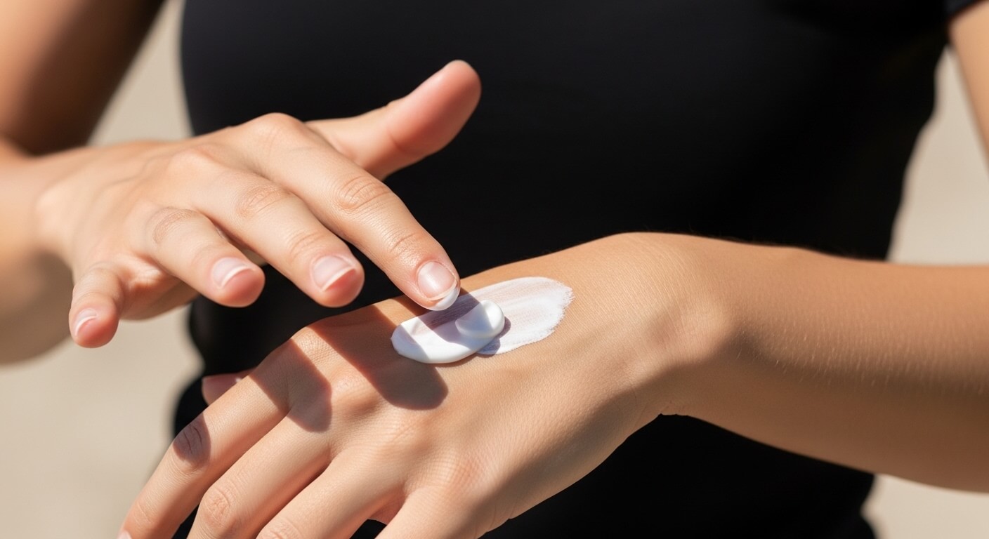 손등 검버섯 예방을 위해 자외선 차단제를 바르는 장면 - 손 주름 예방 핵심 습관