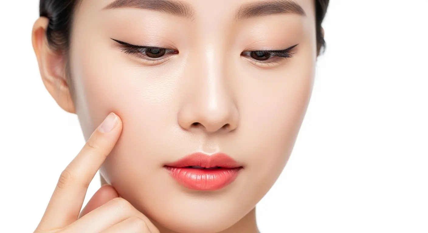 촉촉하고 투명한 피부 바탕을 강조하여 세련되고 차분한 인상을 연출하는 한국 여성 스킨케어 실사 이미지.