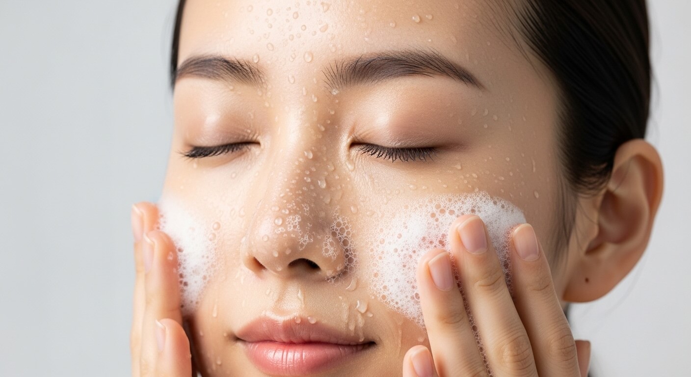 모공 줄이는 법의 첫 단계인 올바른 클렌징을 실천하는 한국 여성의 클로즈업