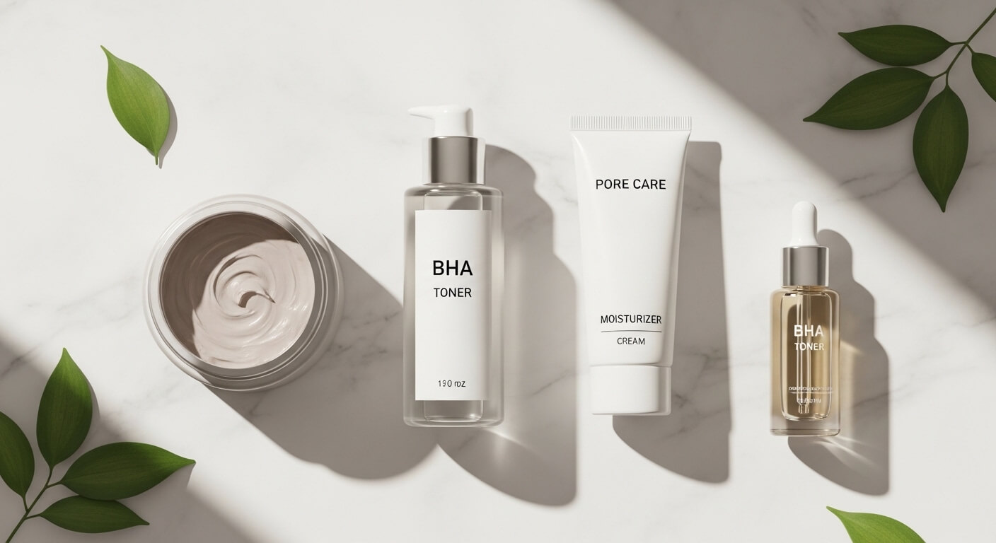 모공 줄이는 법에 사용하는 클레이 마스크, BHA 토너, 보습 크림이 대리석 위에 정갈하게 놓인 플랫레이