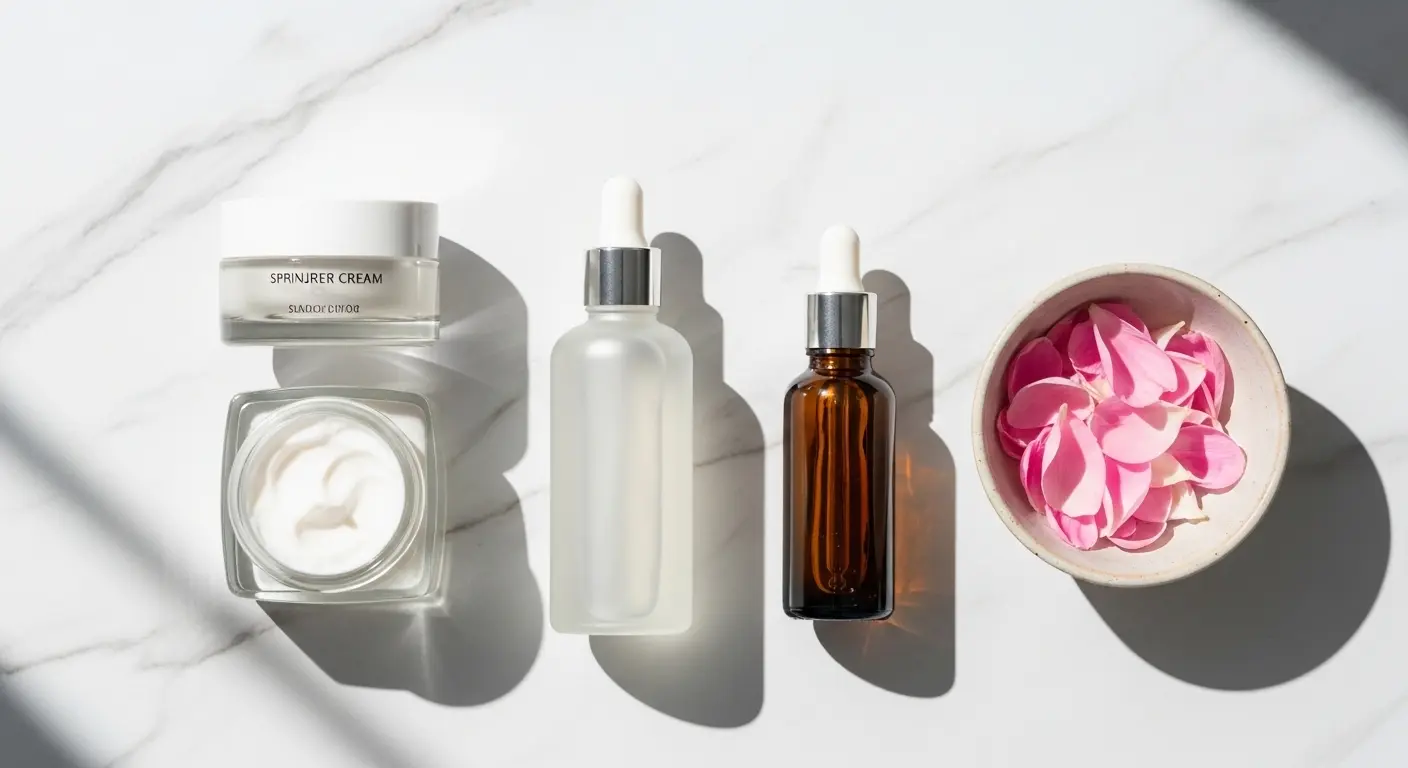 봄 환절기 피부 관리에 필요한 보습 스킨케어 제품들이 대리석 위에 정갈하게 놓인 모습