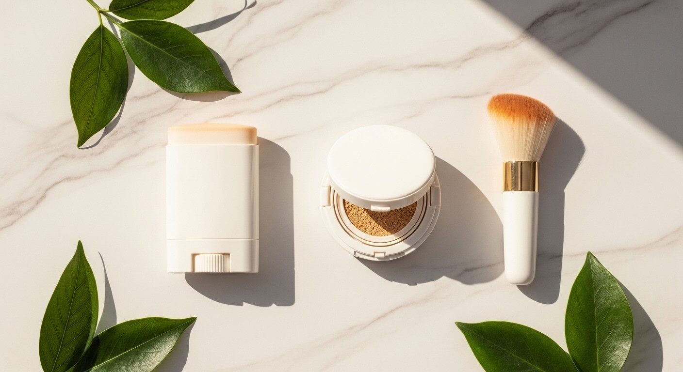 선크림 덧바르기에 사용하는 스틱, 쿠션, 파우더 제품들이 대리석 위에 나란히 놓인 플랫레이