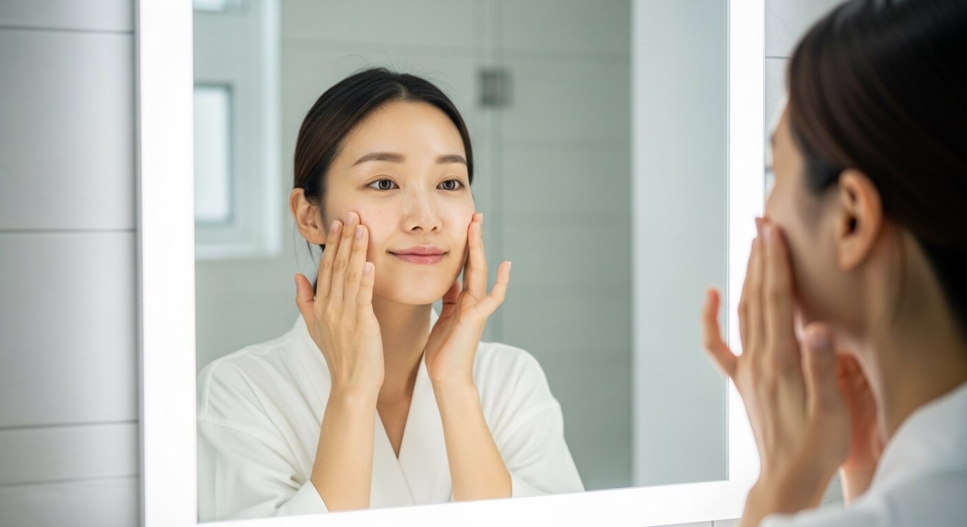 토너와 에센스의 차이를 이해하고 토너를 손으로 두드려 흡수시키는 한국 여성의 스킨케어 루틴