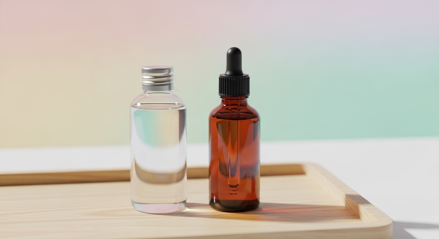 토너와 에센스의 차이 및 사용 순서를 보여주는 두 제품 클로즈업 비교 이미지