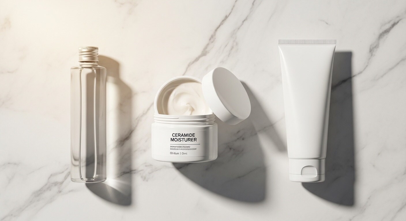 냉온 세안 후 보습 루틴 제품 구성 - 토너, 세라마이드 크림, 클렌저 순서의 스킨케어