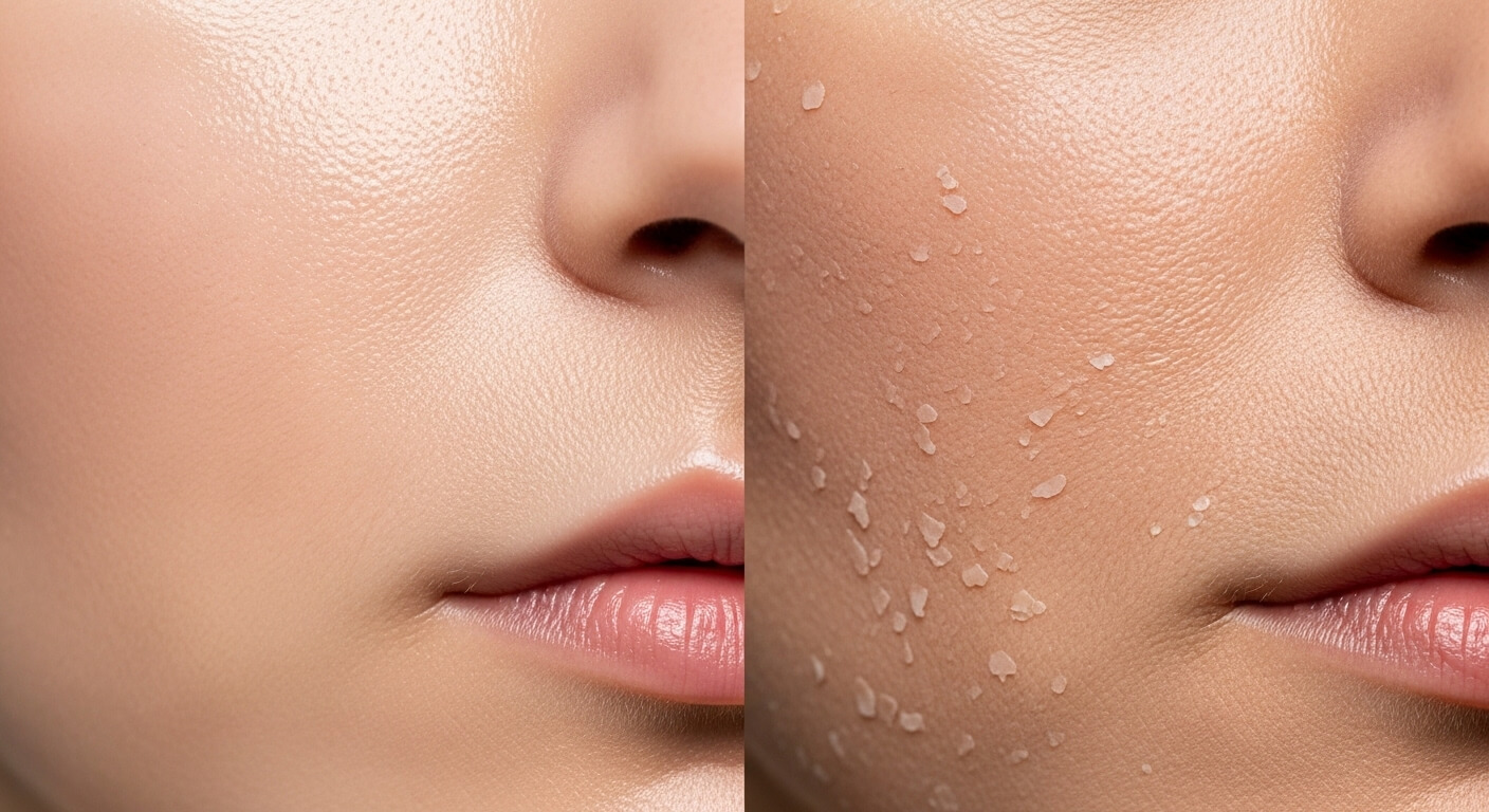 간헐적 단식 중 피부 변화 비교 - 건강하게 촉촉한 피부와 건조하고 푸석한 피부 대비