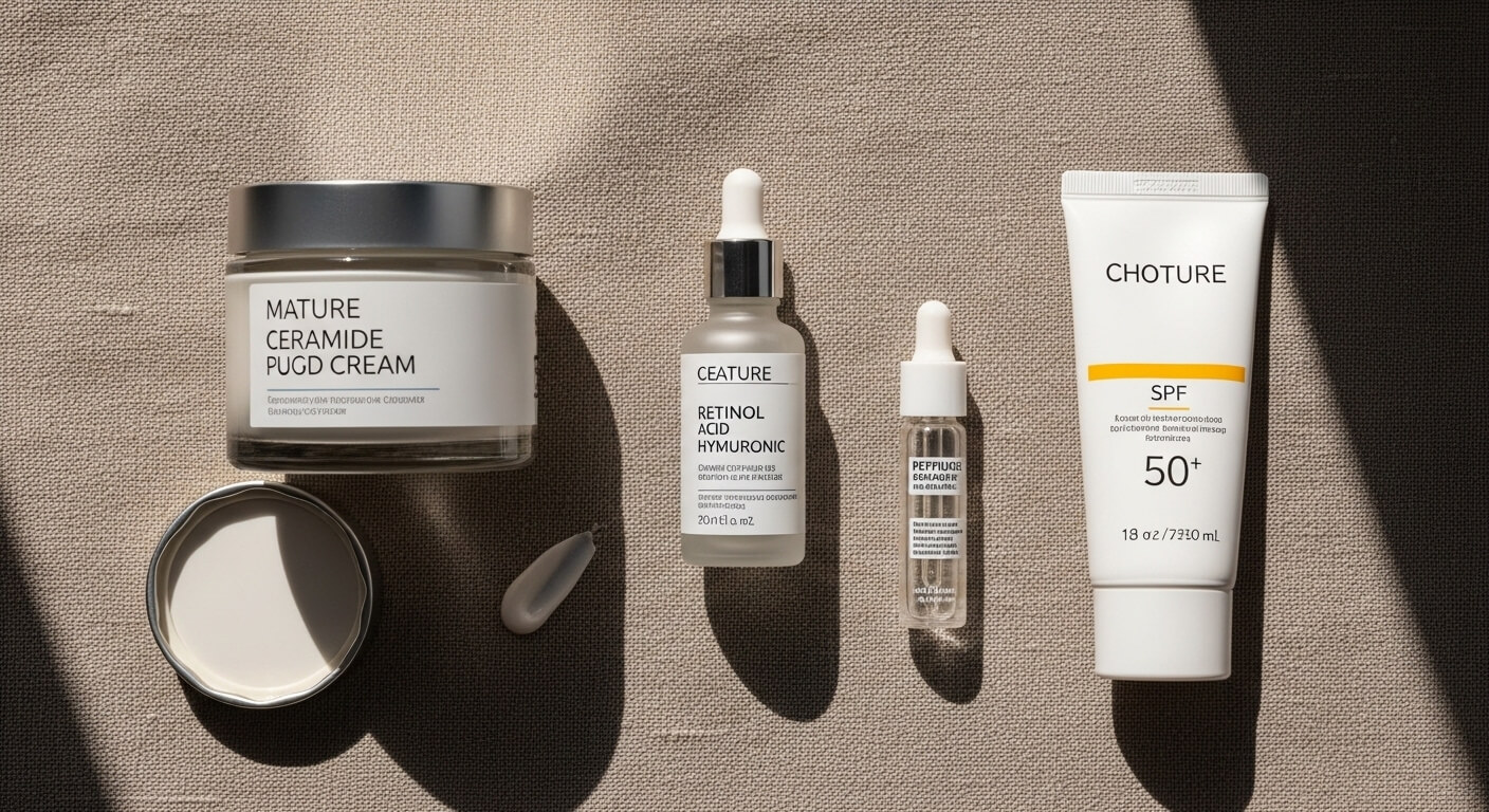 갱년기 피부 관리 필수 성분 - 세라마이드, 히알루론산, 레티놀, 펩타이드, 선크림 구성