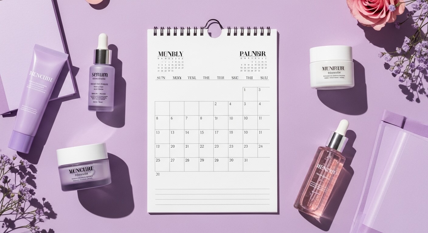 생리 주기 피부 관리 전략 - 월간 달력과 스킨케어 제품을 함께 배치한 호르몬 사이클 관리 컨셉
