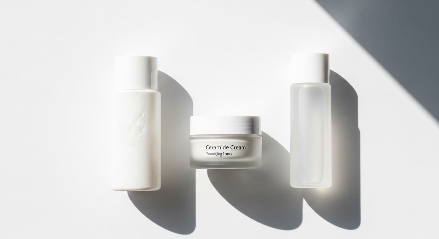 피부 장벽 회복 3단계 홈케어 루틴 제품 구성 순한 클렌저, 세라마이드 크림, 진정 토너