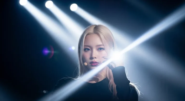 아이돌 메이크업에서 강조되는 투명 결 트렌드를 상징하는 무대 조명과 카메라 렌즈 이미지