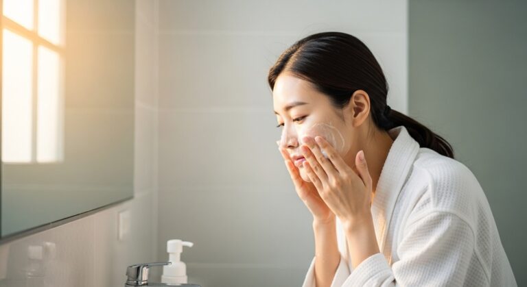 모공 줄이는 법을 실천하는 한국 여성이 아침 세안 루틴을 진행하는 모습