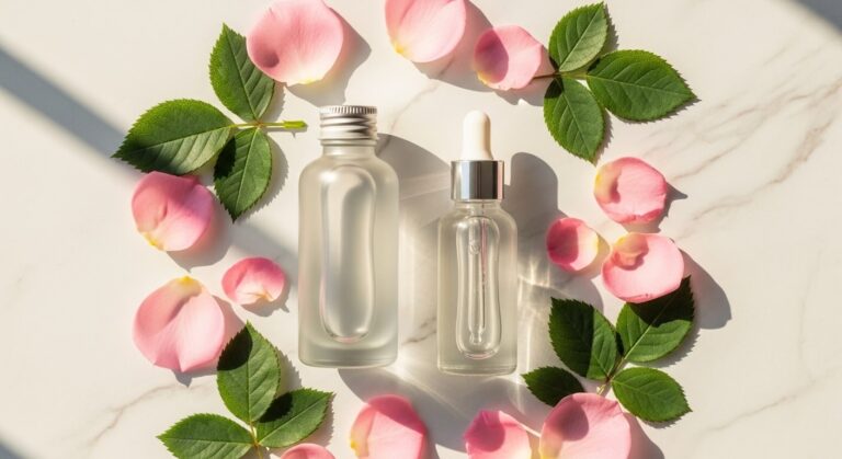 토너와 에센스의 차이를 보여주는 두 제품이 대리석 위에 나란히 놓인 스킨케어 플랫레이