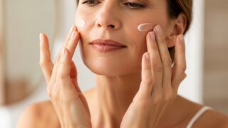 갱년기 피부 관리 - 50대 여성이 스킨케어 크림을 바르는 일상 루틴 장면