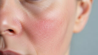 피부 장벽 회복 환절기 손상된 민감 피부 클로즈업, 붉은 기와 건조함이 보이는 얼굴 피부